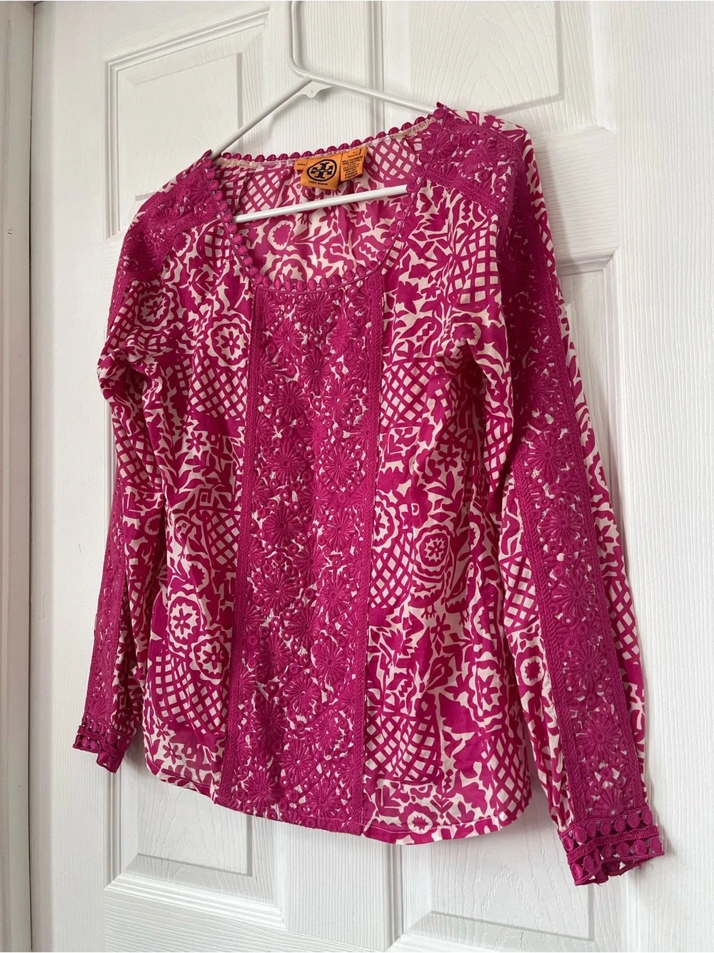 Tory Burch Pink Floral Lace-Trim Long-Sleeve Top blouse size 2